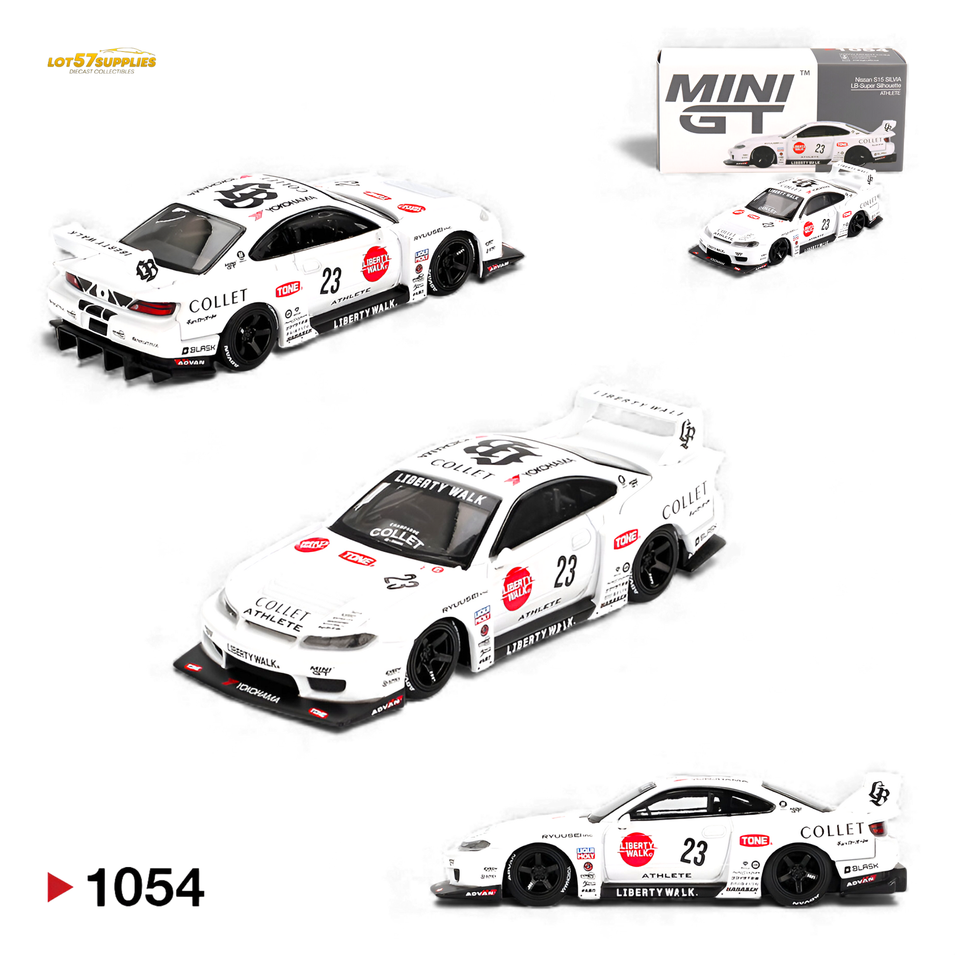 Mini GT Nissan S15 Silvia LB-Super Silhouette 1:64 diecast model car displayed on a plain background.