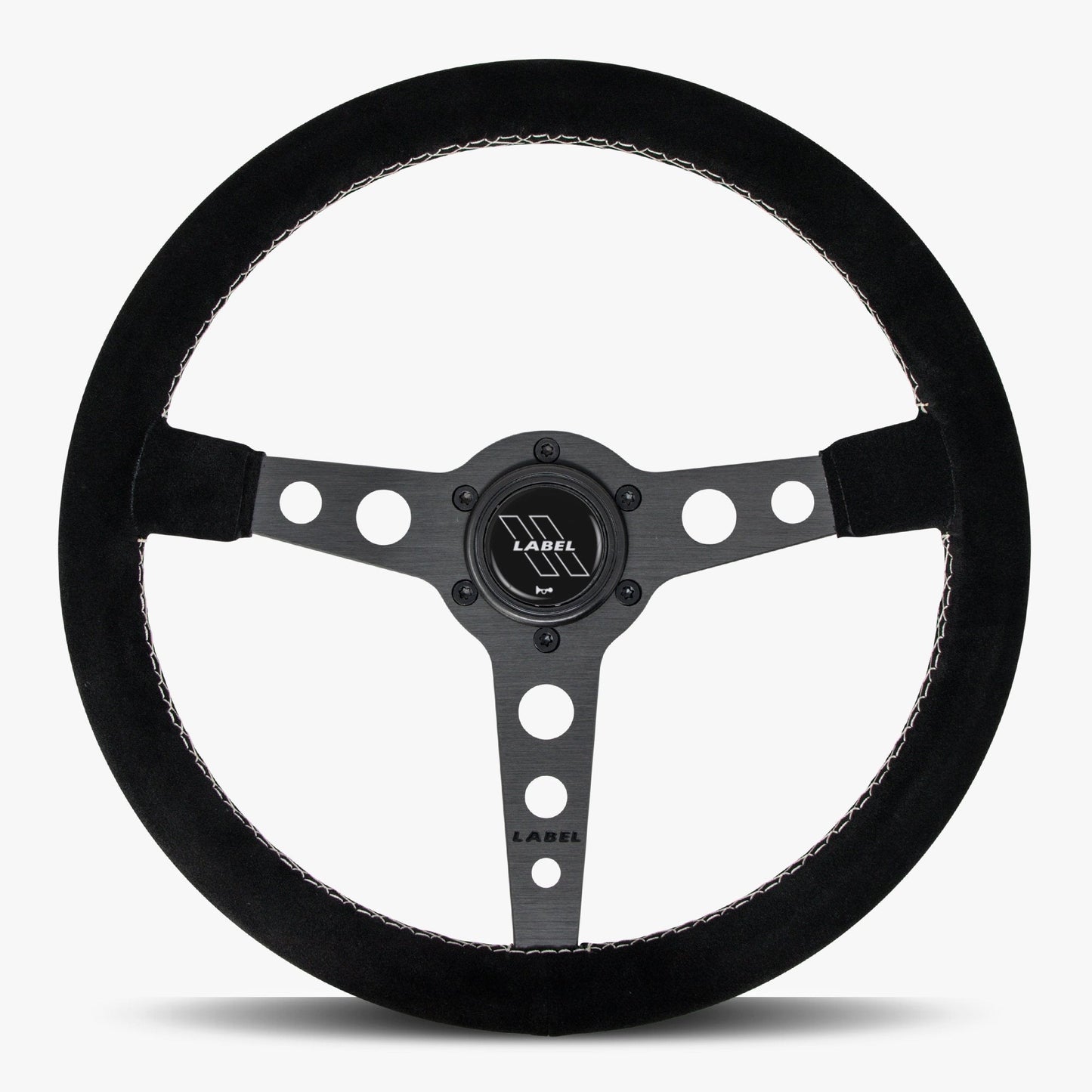 Black Alcantara suede steering wheel with black spoke and white stitching by Speedzone Performance LLC.