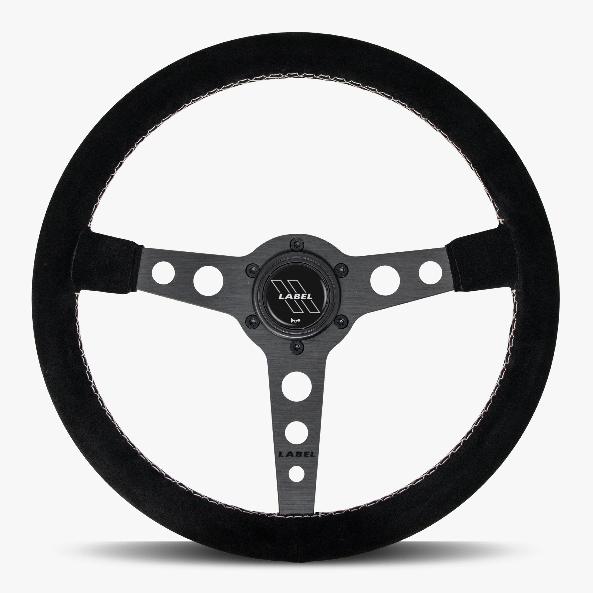 Black Alcantara suede steering wheel with black spoke and white stitching by Speedzone Performance LLC.
