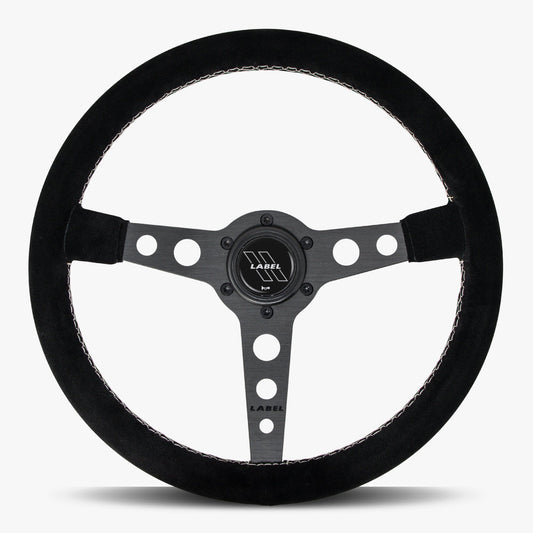 Black Alcantara suede steering wheel with black spoke and white stitching by Speedzone Performance LLC.