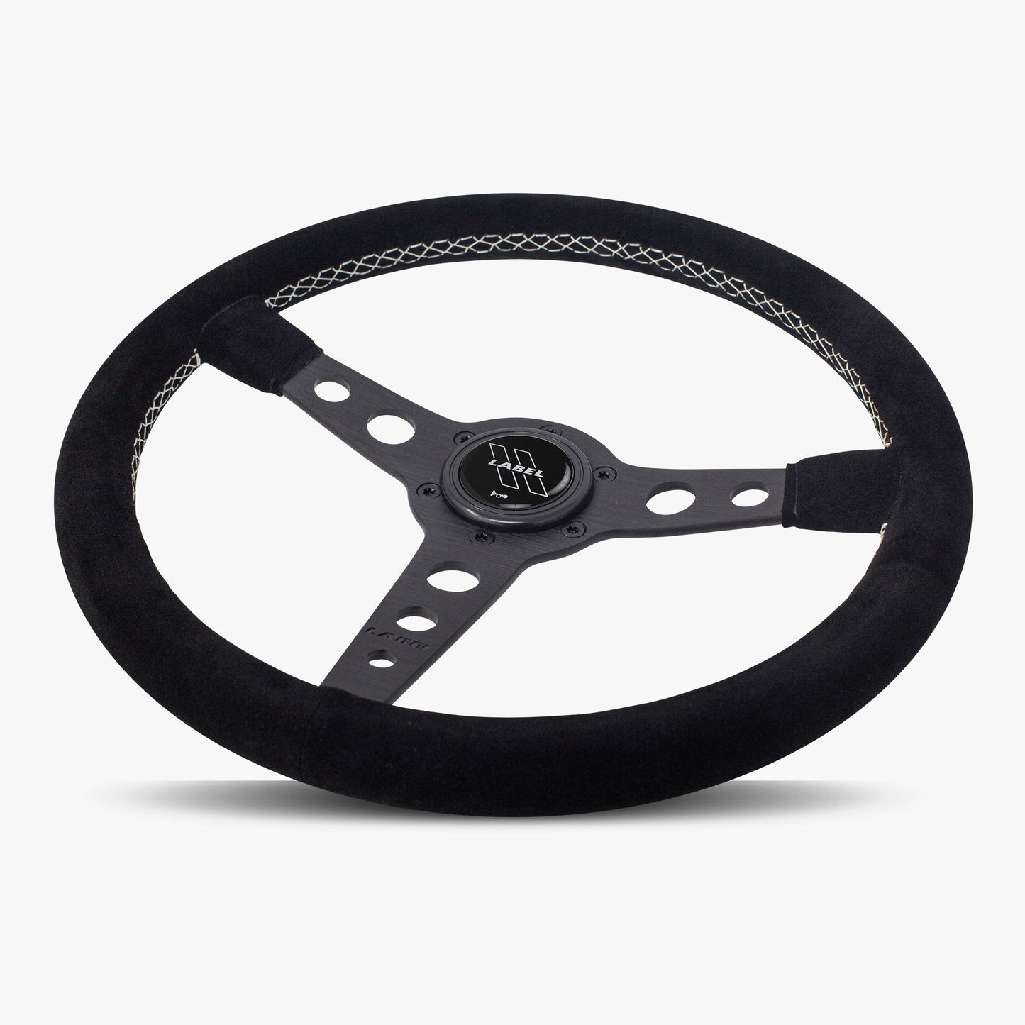 Black Alcantara suede steering wheel with black spokes and white stitching by Speedzone Performance LLC, The Daytona model.