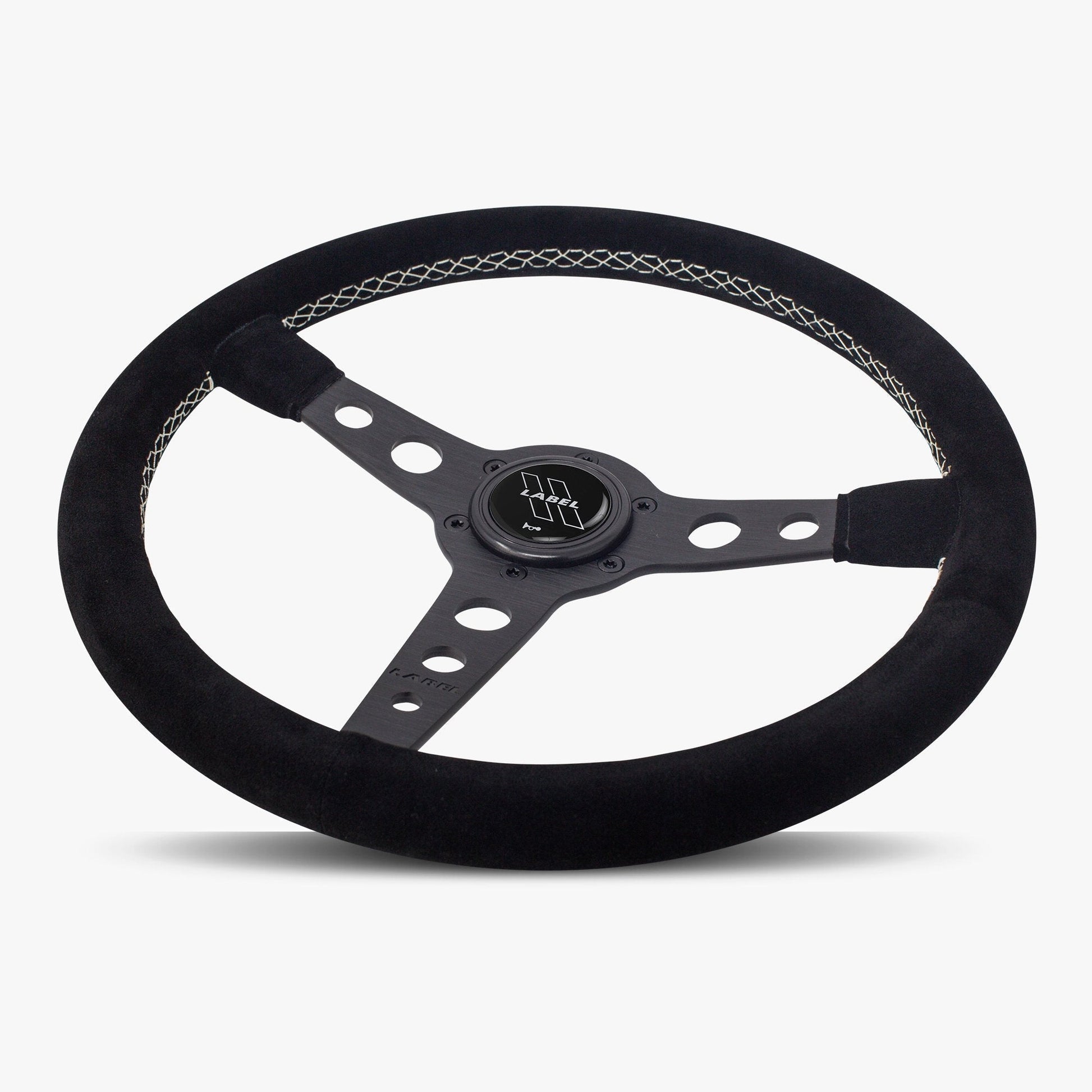 Black Alcantara suede steering wheel with black spokes and white stitching by Speedzone Performance LLC, The Daytona model.