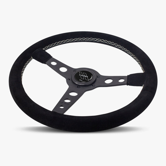Black Alcantara suede steering wheel with black spokes and white stitching by Speedzone Performance LLC, The Daytona model.