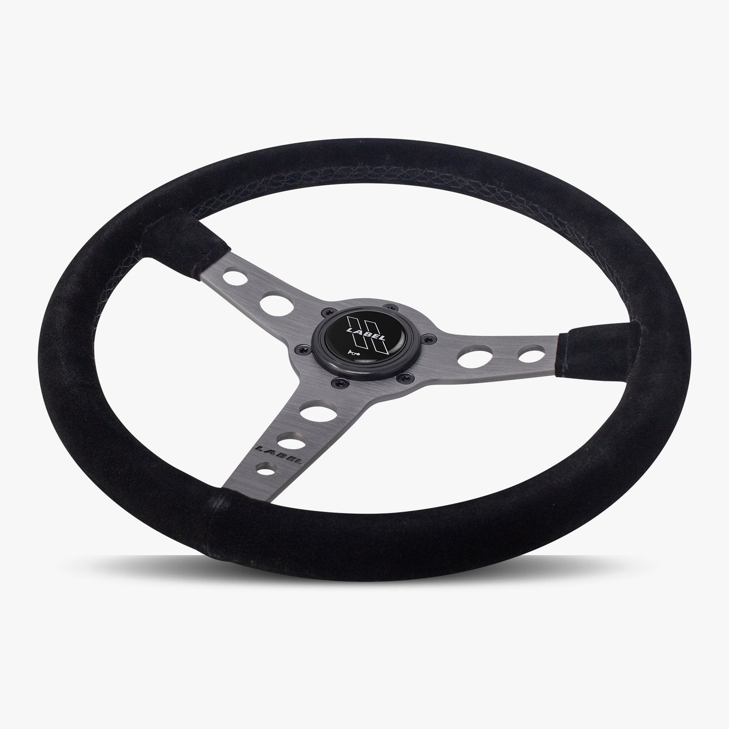 Black Alcantara suede steering wheel with graphite spoke and black stitching, designed for performance vehicles by Speedzone Performance LLC.