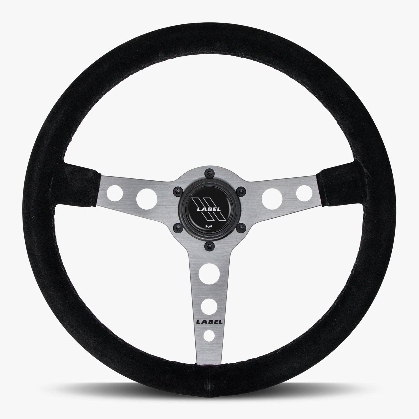 Black Alcantara suede steering wheel with graphite spoke and black stitching, designed for high-performance vehicles by Speedzone Performance LLC.