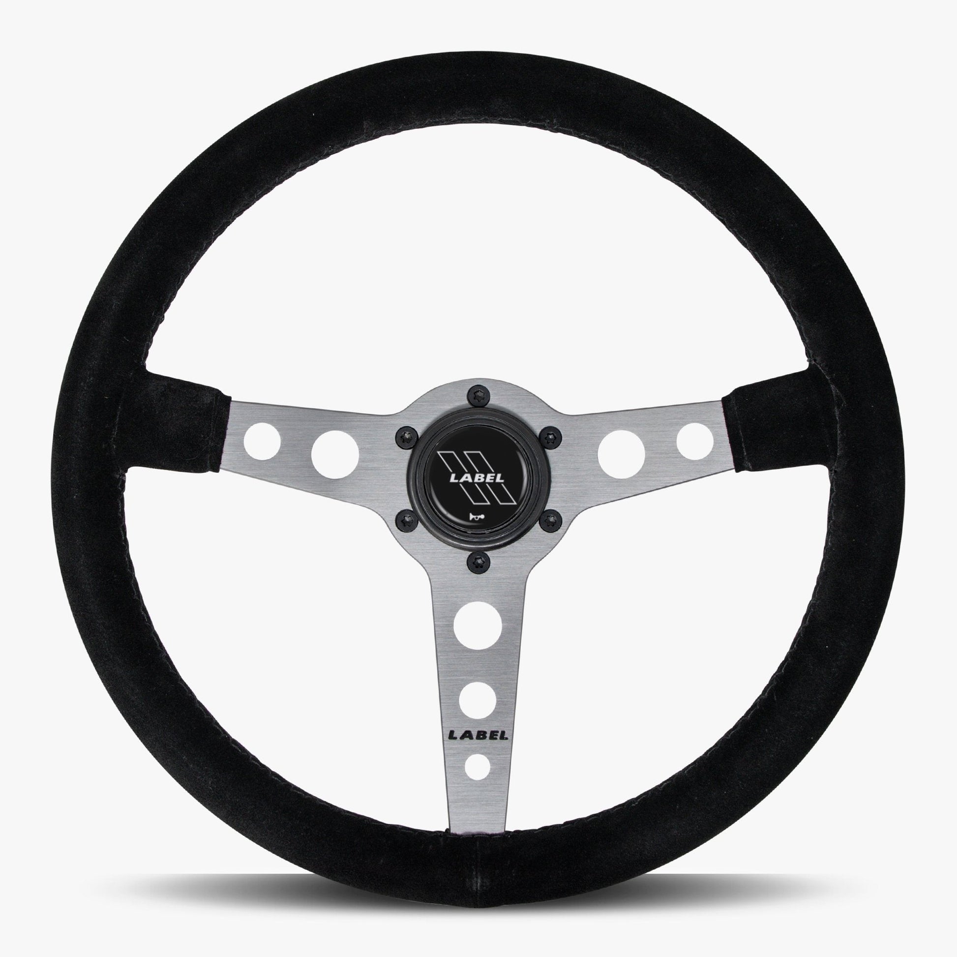 Black Alcantara suede steering wheel with graphite spoke and black stitching, designed for high-performance vehicles by Speedzone Performance LLC.