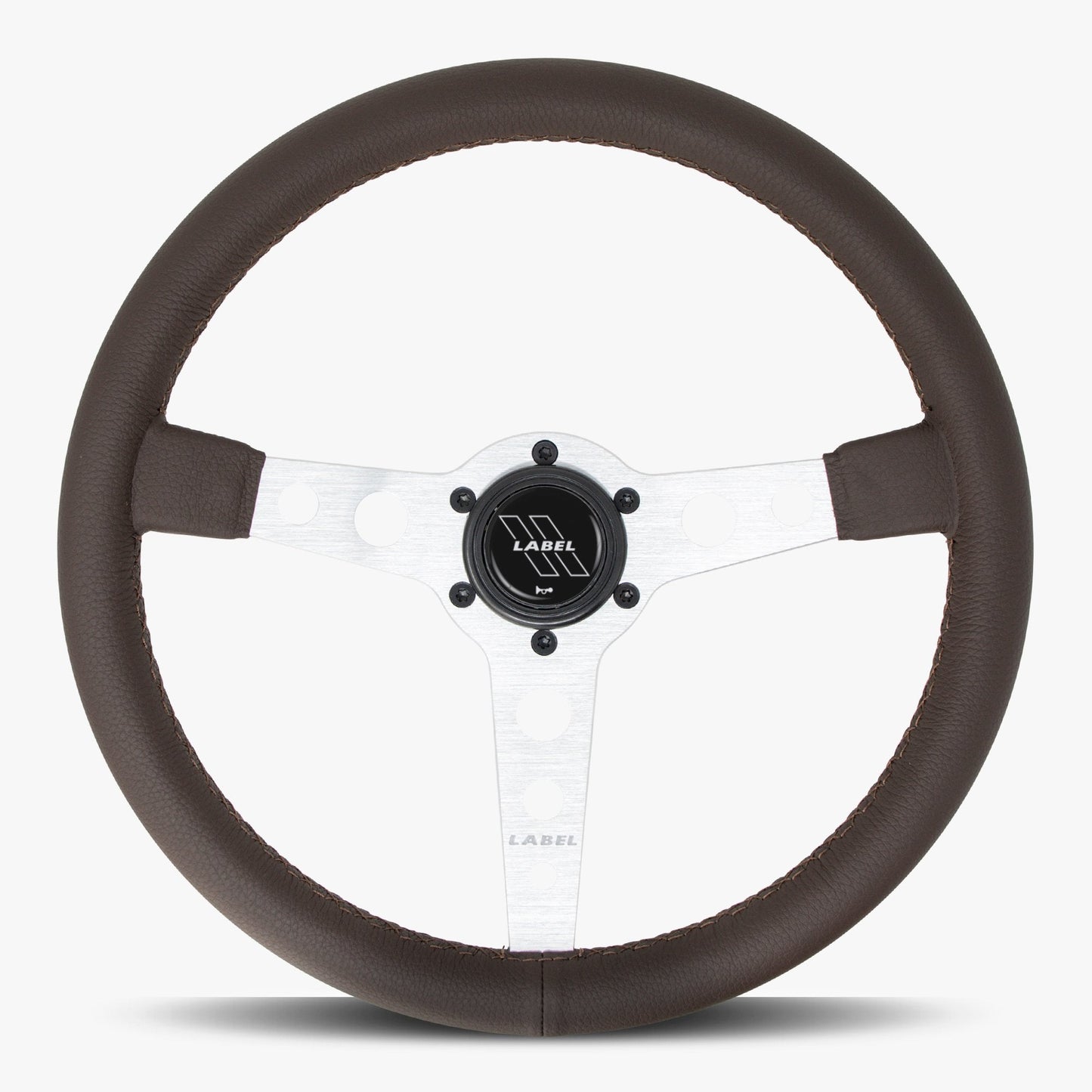 Nappa brown leather Daytona steering wheel with silver spoke and brown stitching, designed by Speedzone Performance LLC.