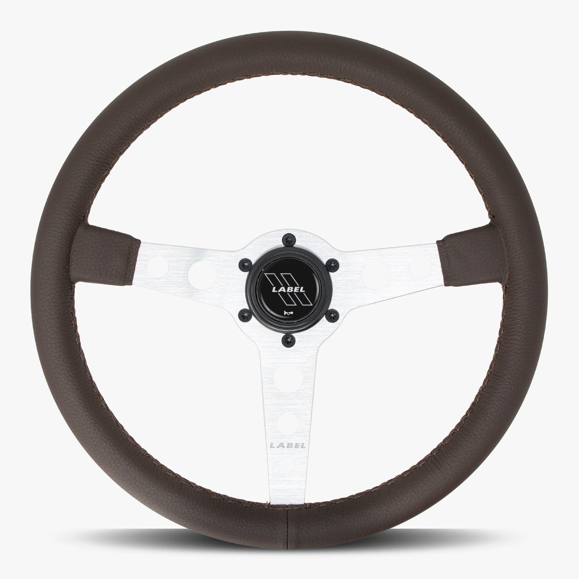 Nappa brown leather Daytona steering wheel with silver spoke and brown stitching, designed by Speedzone Performance LLC.