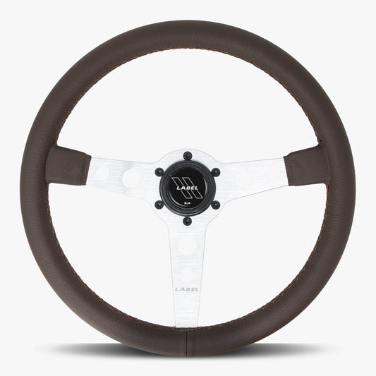 Nappa brown leather Daytona steering wheel with silver spoke and brown stitching, designed by Speedzone Performance LLC.