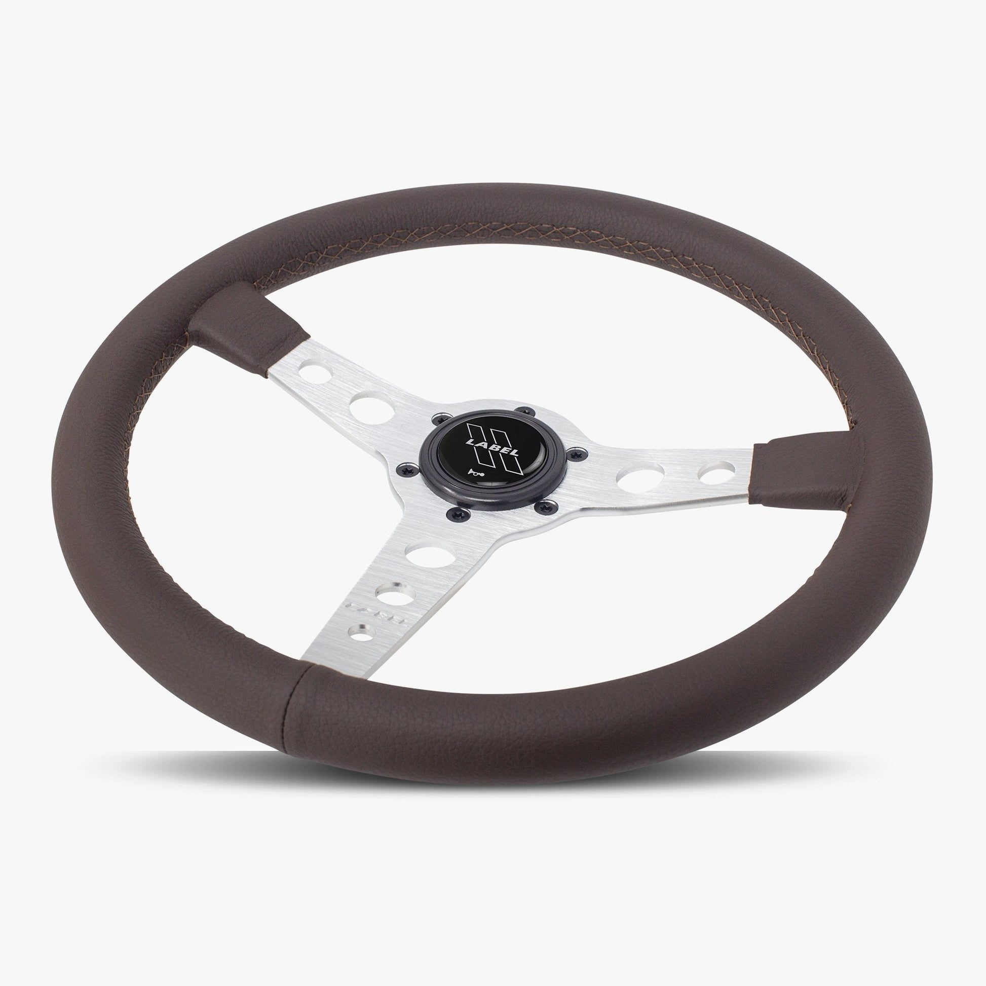 Nappa brown leather Daytona steering wheel with silver spoke and brown stitching, designed for performance vehicles by Speedzone Performance LLC.