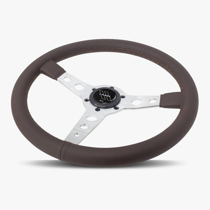 Nappa brown leather Daytona steering wheel with silver spoke and brown stitching, designed for performance vehicles by Speedzone Performance LLC.