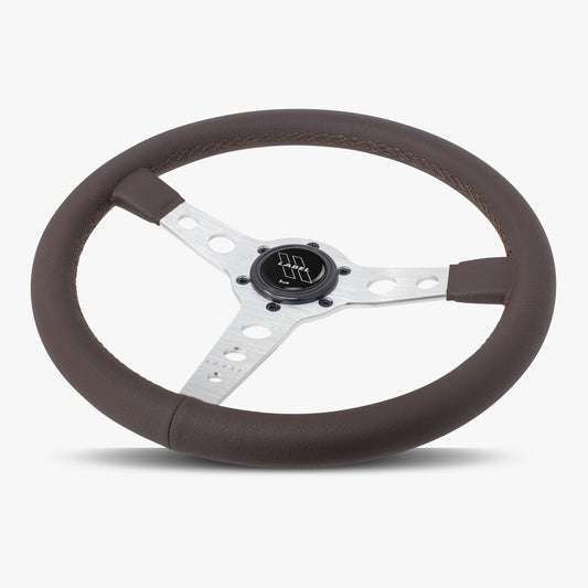 Nappa brown leather Daytona steering wheel with silver spoke and brown stitching, designed for performance vehicles by Speedzone Performance LLC.
