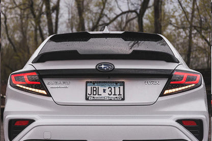 OLM Spec-AR LED taillights with smoke lens, black base, and red bar for 2022+ Subaru WRX tail light upgrade