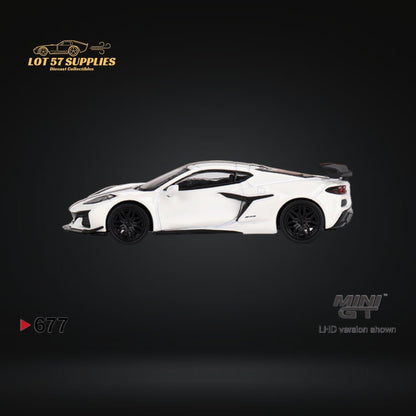 Mini-GT Chevrolet Corvette Z06 diecast model in Arctic White, detailed 1:64 scale car from Lot57Supplies Diecast Shop