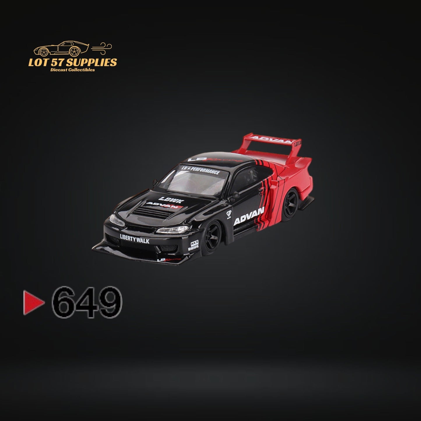 Mini-GT Nissan Silvia S15 LB Super Silhouette diecast model in Advan livery, detailed 1:64 scale collectible car.