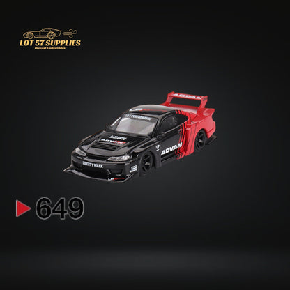 Mini-GT Nissan Silvia S15 LB Super Silhouette diecast model in Advan livery, detailed 1:64 scale collectible car.