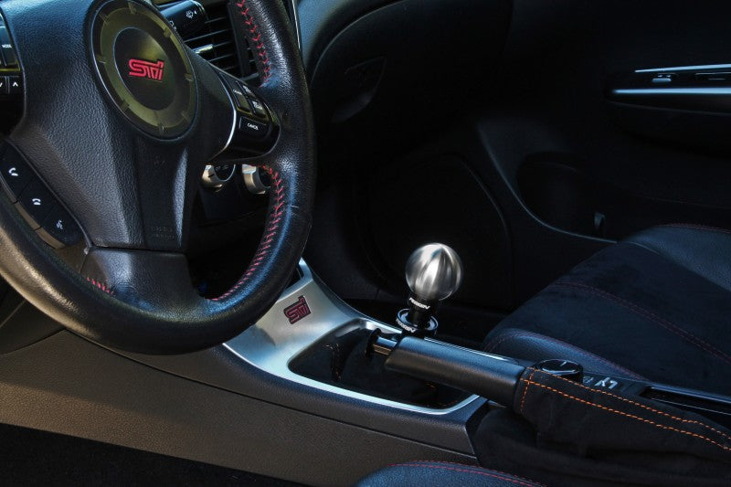 JDMuscle PERRIN 04-21 STI ball shift knob with black finish, ergonomic design, and shift pattern visible in the image.