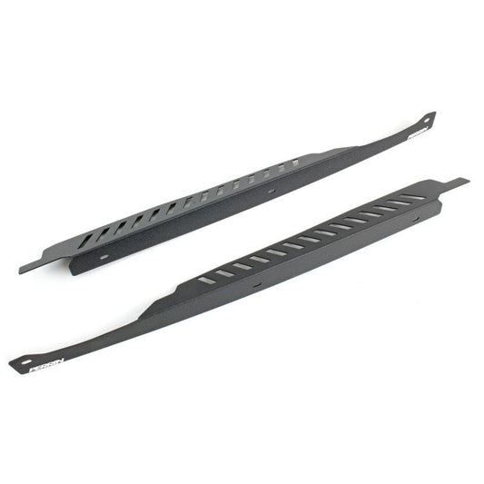 Black Perrin Fender Shrouds for 2008-2014 Subaru WRX and STI by JDMuscle, shown on vehicle with detailed close-up view.