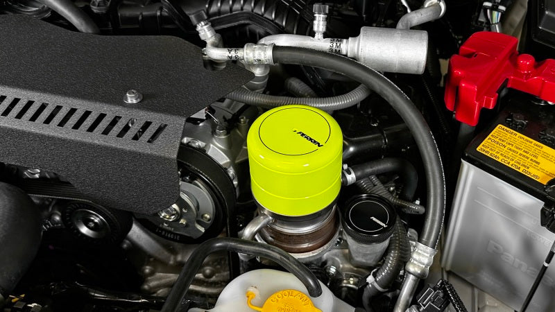 PERRIN neon yellow oil filter cover for WRX, BRZ, and GR86 by JDMuscle