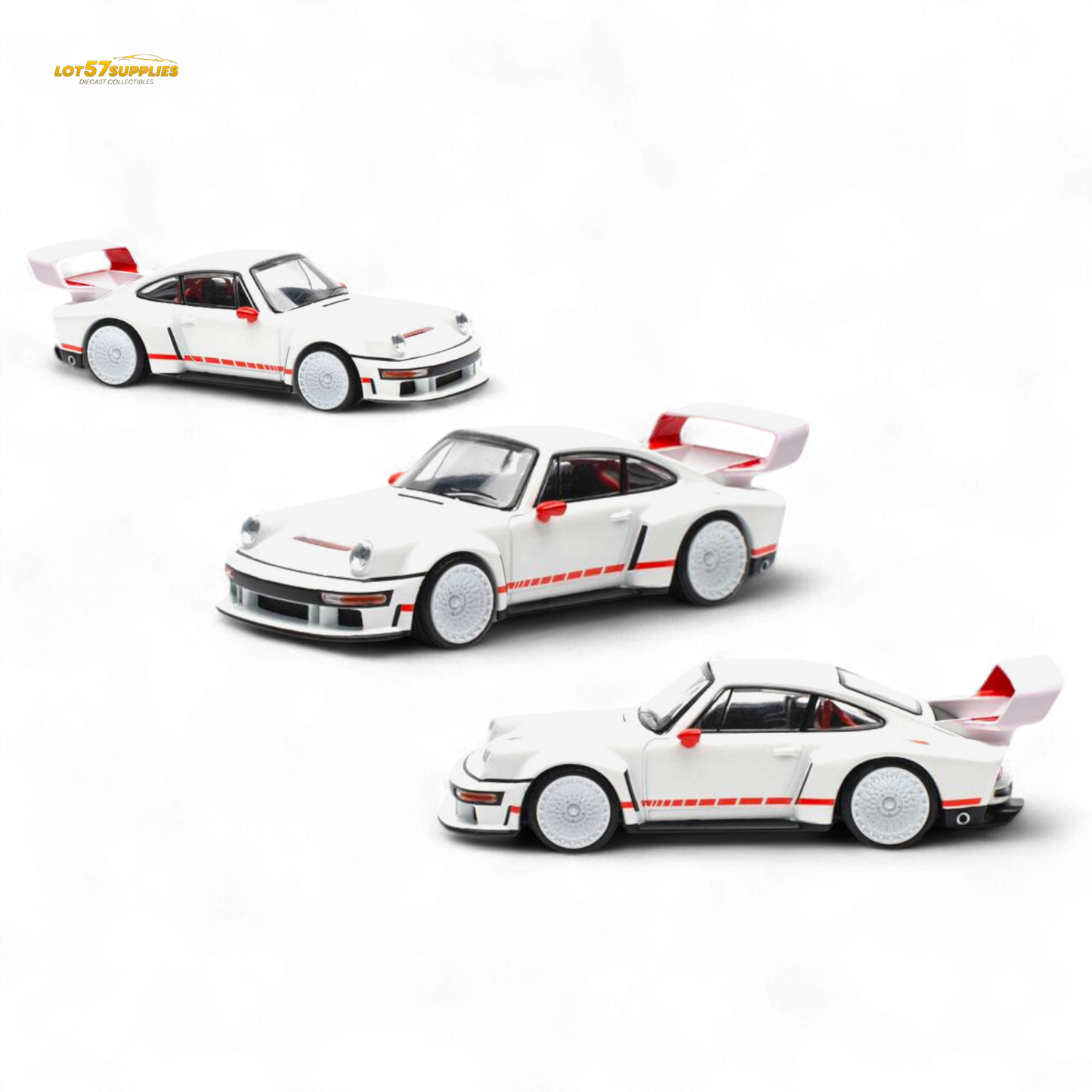 White Pop Race Porsche Singer DLS Turbo diecast model in 1:64 scale, detailed Porsche collectible by Lot57Supplies Diecast Shop