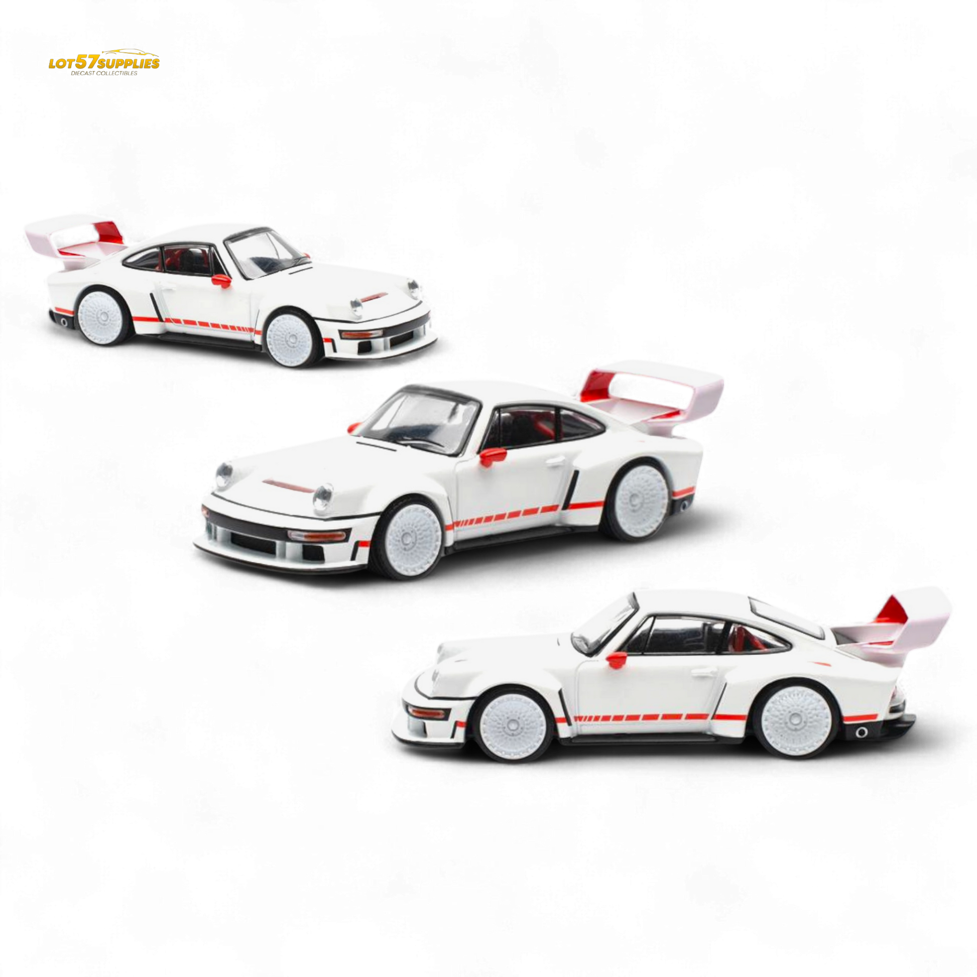 White Pop Race Porsche Singer DLS Turbo diecast model in 1:64 scale, detailed Porsche collectible by Lot57Supplies Diecast Shop