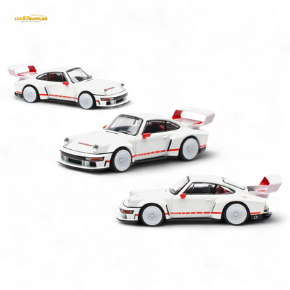 White Pop Race Porsche Singer DLS Turbo diecast model in 1:64 scale, detailed Porsche collectible by Lot57Supplies Diecast Shop