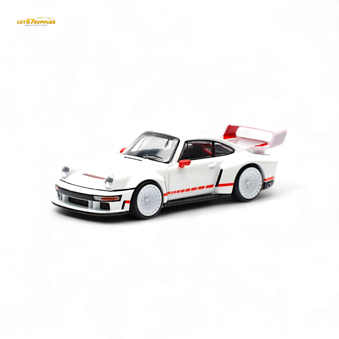 White Porsche Singer DLS Turbo 1:64 diecast model by Lot57Supplies, detailed Porsche race car with sleek design.