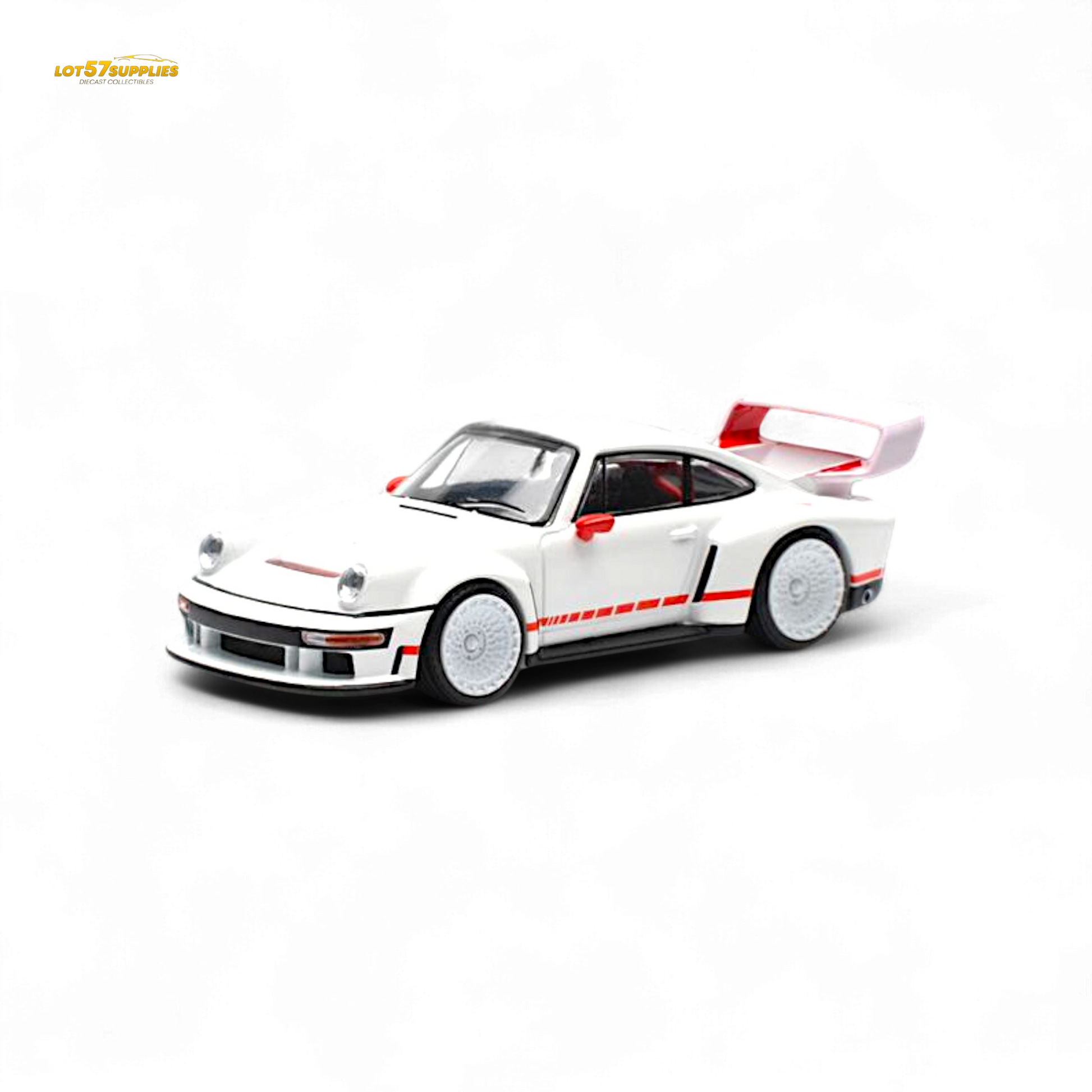 White Porsche Singer DLS Turbo 1:64 diecast model by Lot57Supplies, detailed Porsche race car with sleek design.