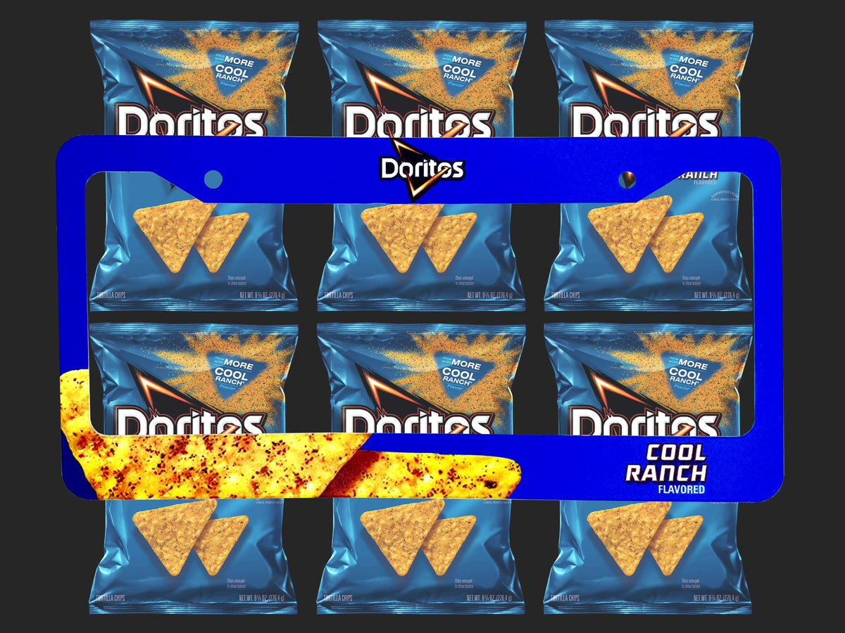 Doritos Cool Ranch license plate frame by Bad Taste Worldwide, fits standard, flipped, and motorcycle plates, featuring bold branding.