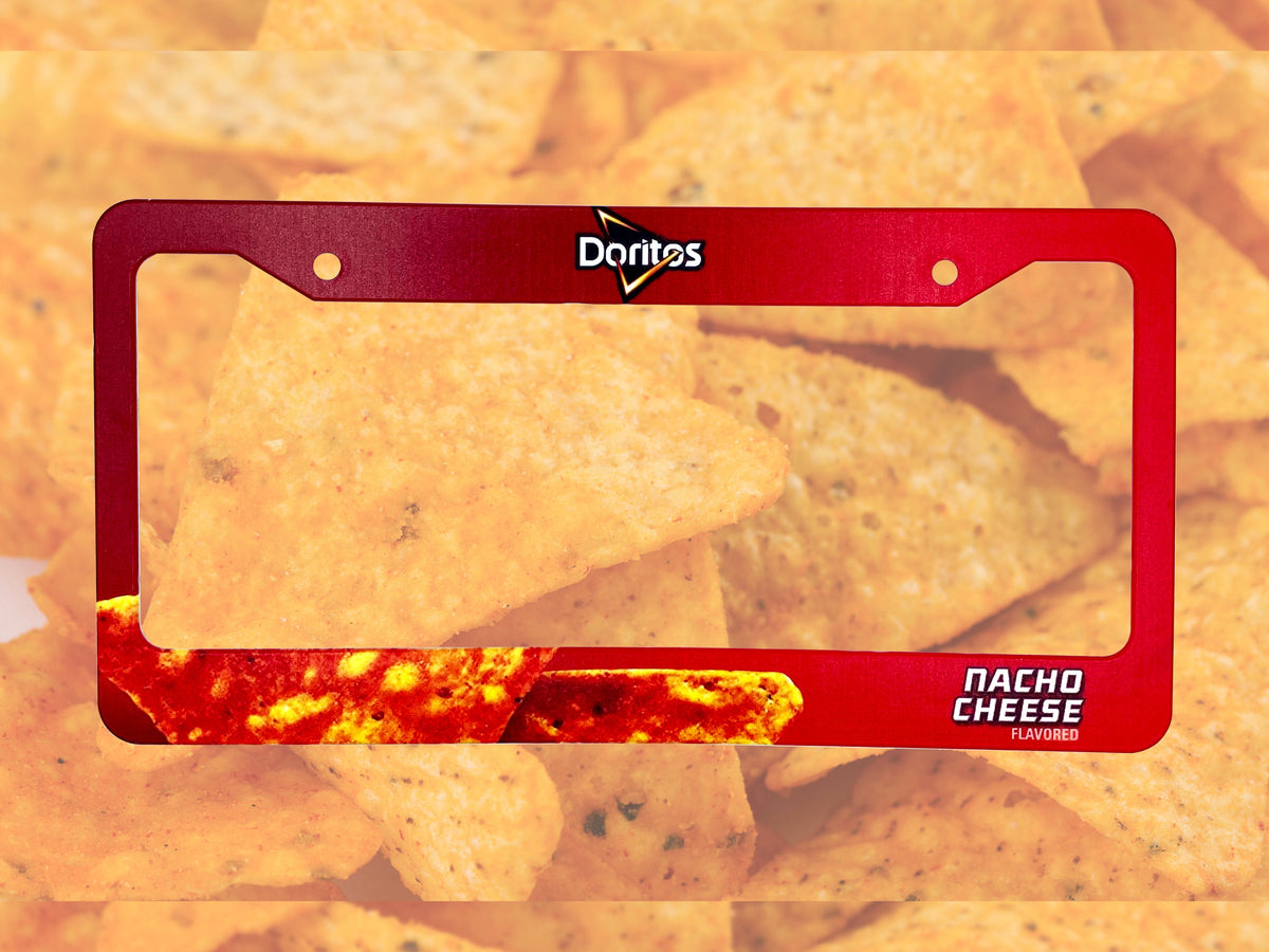 Doritos Nacho Cheese license plate frame by Bad Taste Worldwide, featuring bold orange and black design for vehicle decoration