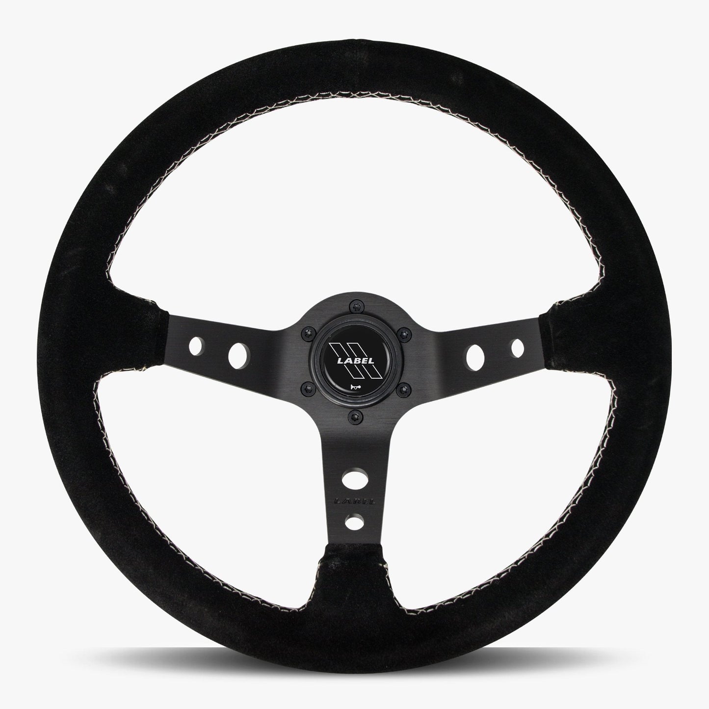 Black Alcantara suede Daytona steering wheel with black spoke and white stitching from Speedzone Performance LLC.