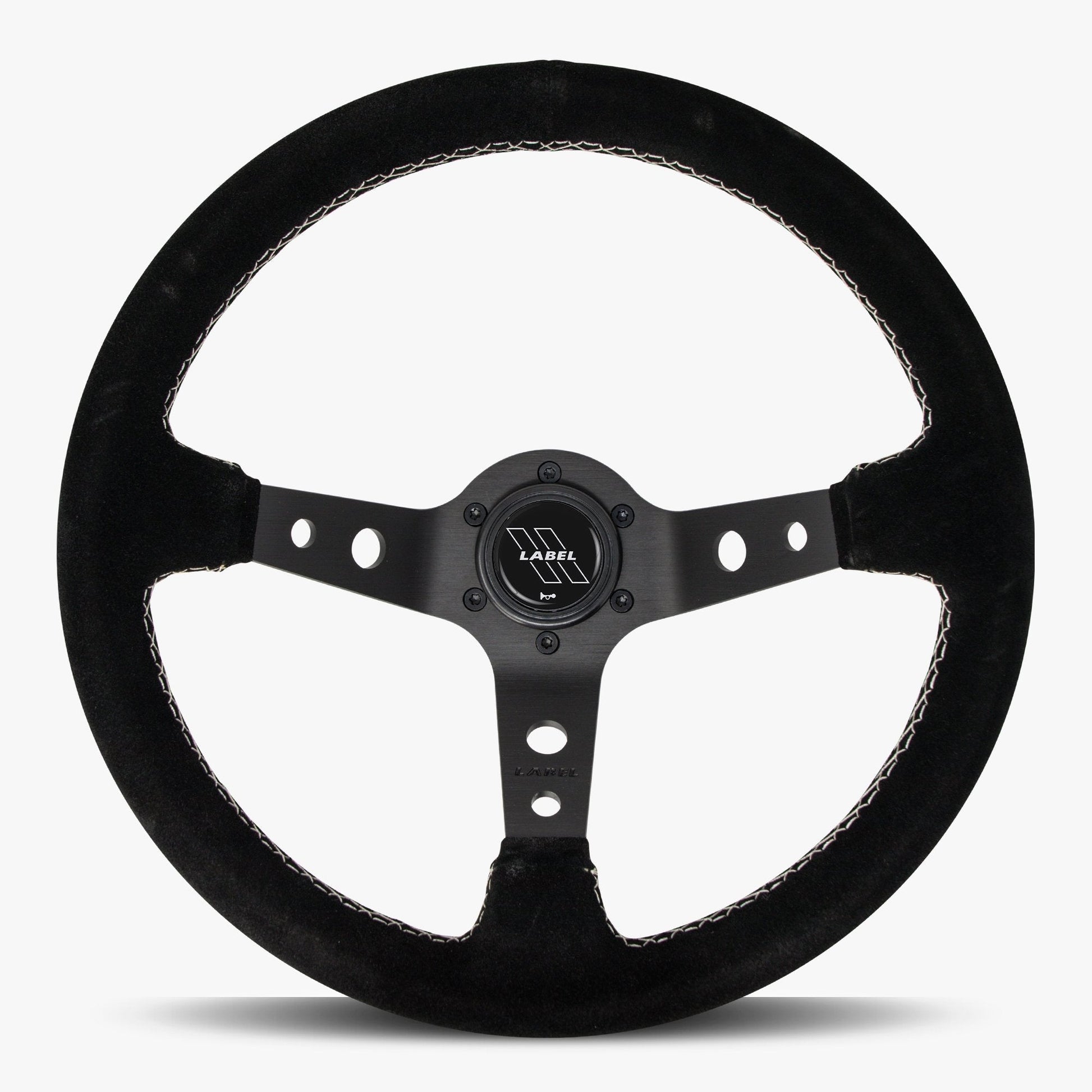 Black Alcantara suede Daytona steering wheel with black spoke and white stitching from Speedzone Performance LLC.