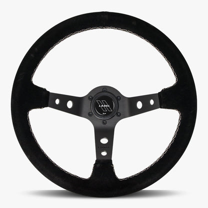 Black Alcantara suede Daytona steering wheel with black spoke and white stitching from Speedzone Performance LLC.