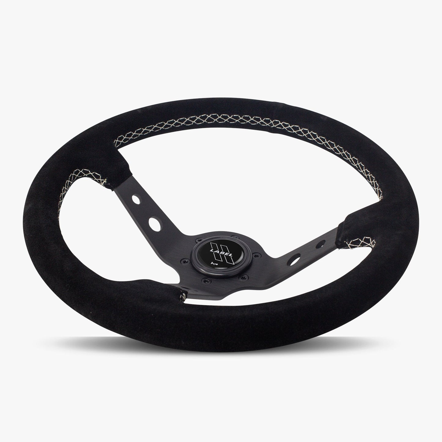 Black Alcantara suede steering wheel with black spoke and white stitching by Speedzone Performance LLC.