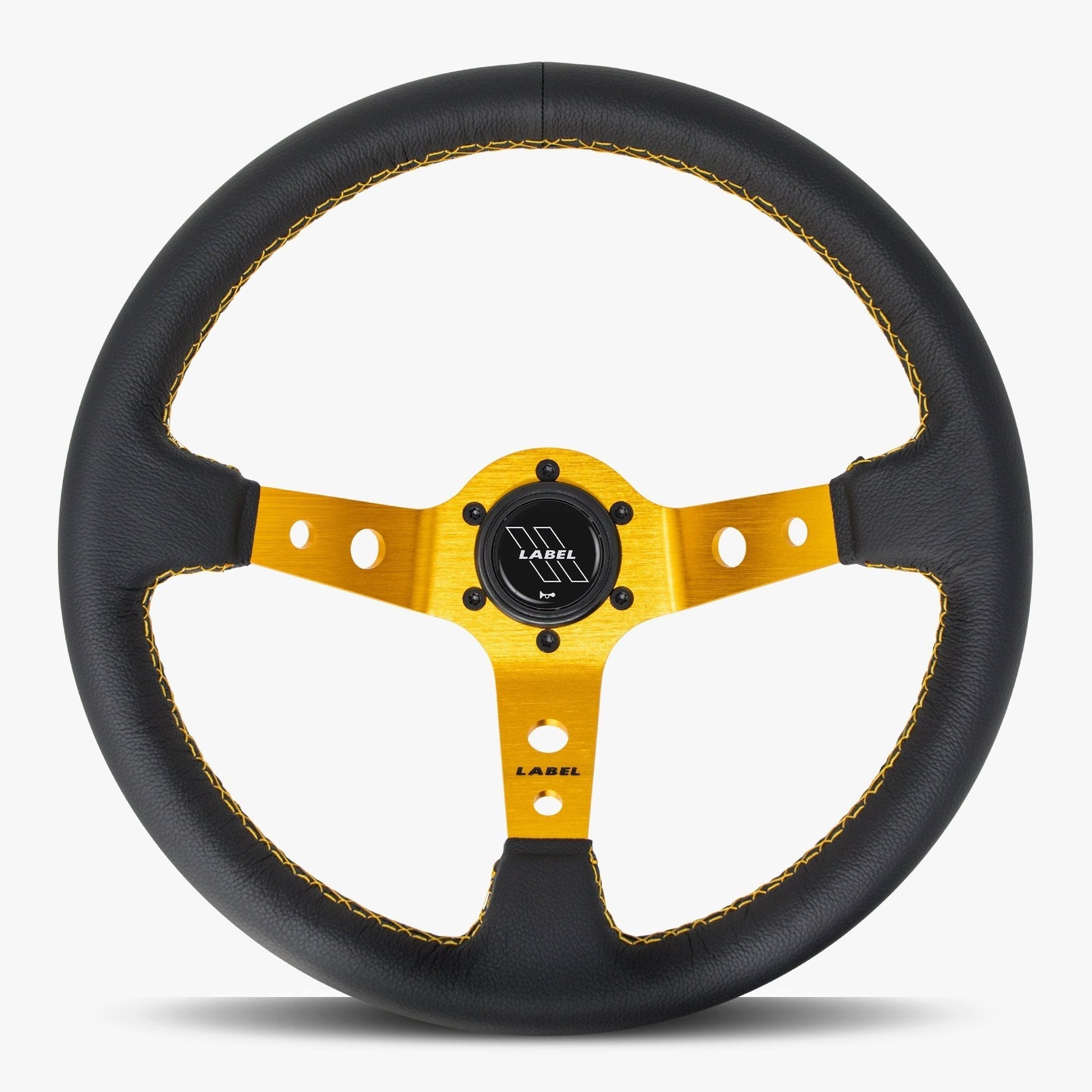 Black leather steering wheel with gold spoke and gold stitching from the Daytona series by Speedzone Performance LLC.