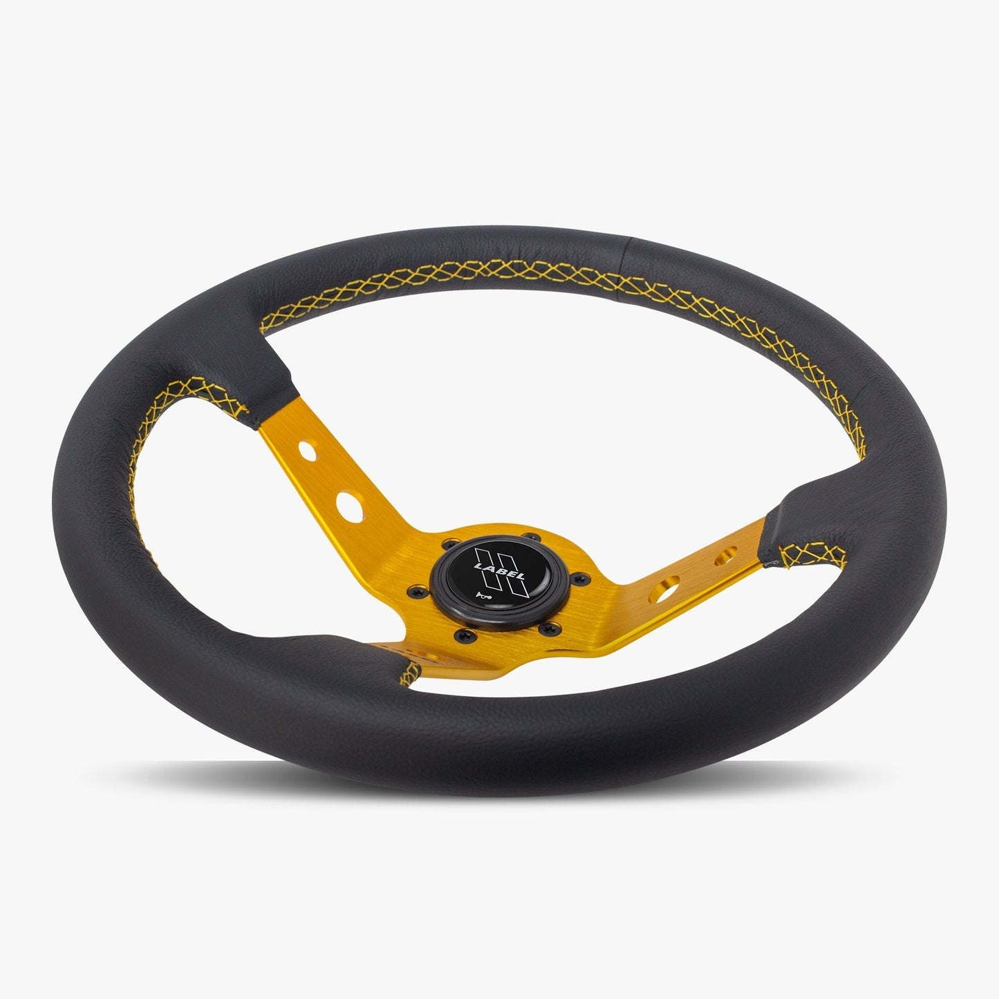 Black leather Daytona steering wheel with gold spoke accents and gold stitching, designed for high-performance vehicles.