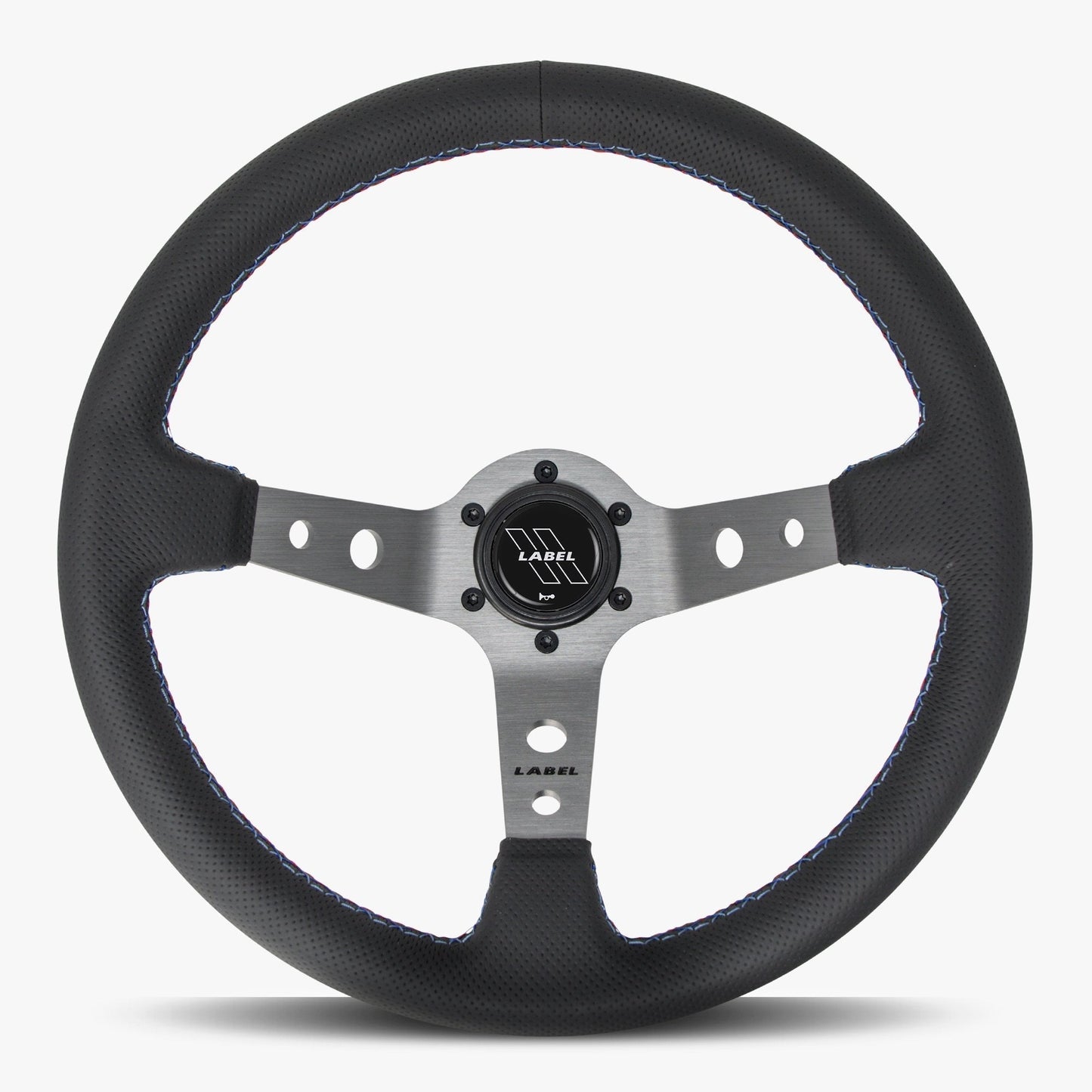 Black perforated leather steering wheel with graphite spoke and Bavarian stitch by Speedzone Performance LLC.