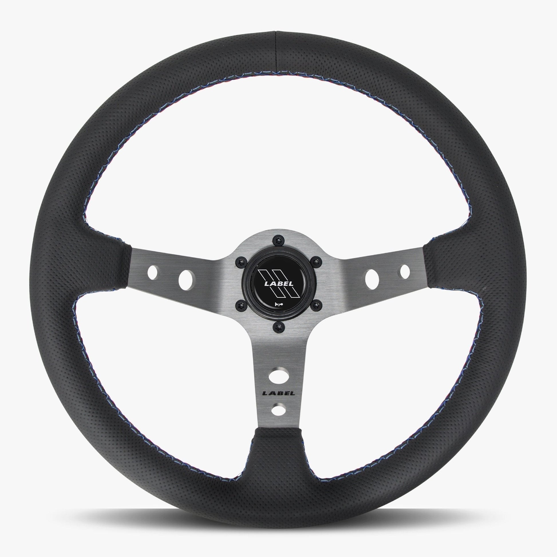 Black perforated leather steering wheel with graphite spoke and Bavarian stitch by Speedzone Performance LLC.