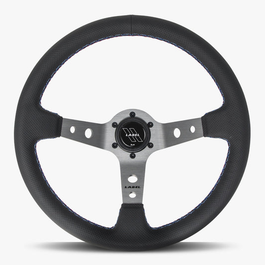 Black perforated leather steering wheel with graphite spoke and Bavarian stitch by Speedzone Performance LLC.