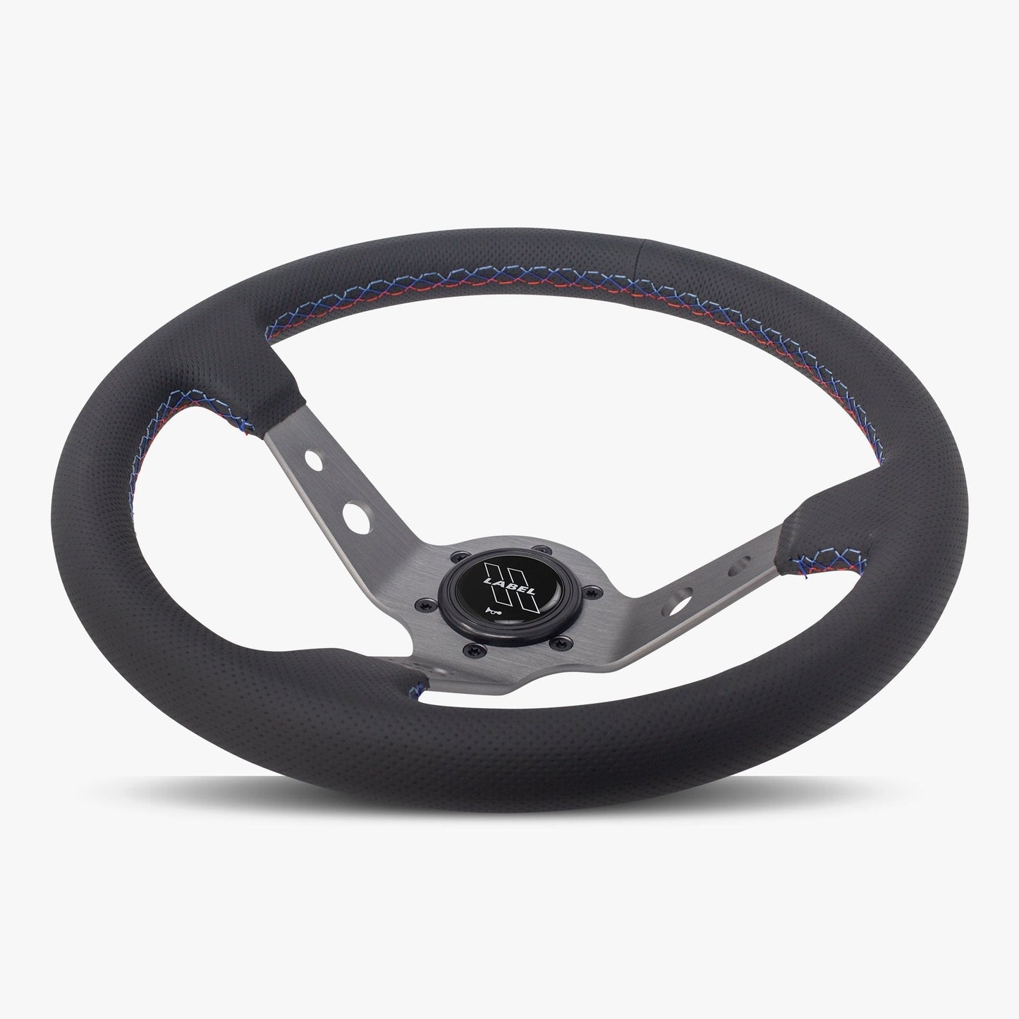 Black perforated leather steering wheel with graphite spoke and Bavarian stitching from Speedzone Performance LLC's Daytona series.