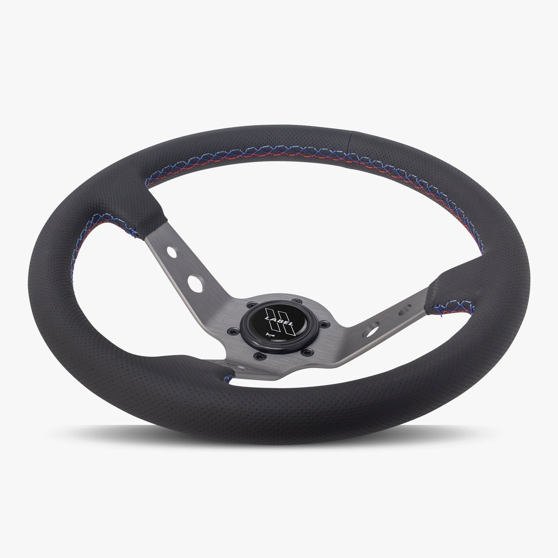 Black perforated leather steering wheel with graphite spoke and Bavarian stitching from Speedzone Performance LLC's Daytona series.