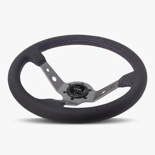 Black perforated leather steering wheel with graphite spoke and Bavarian stitching from Speedzone Performance LLC's Daytona series.