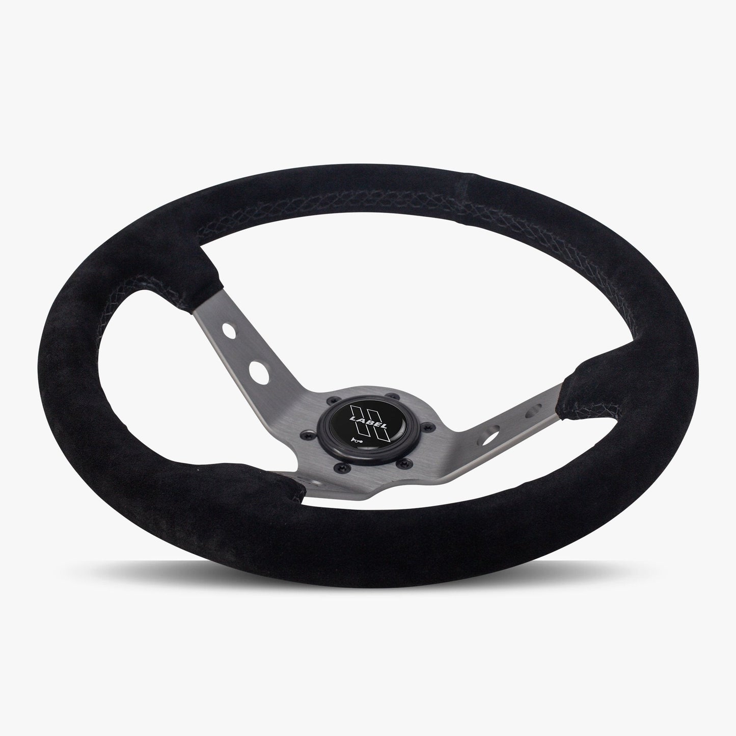 Black Alcantara suede Daytona steering wheel by Speedzone Performance with graphite spoke and black stitching, detailed close-up image.