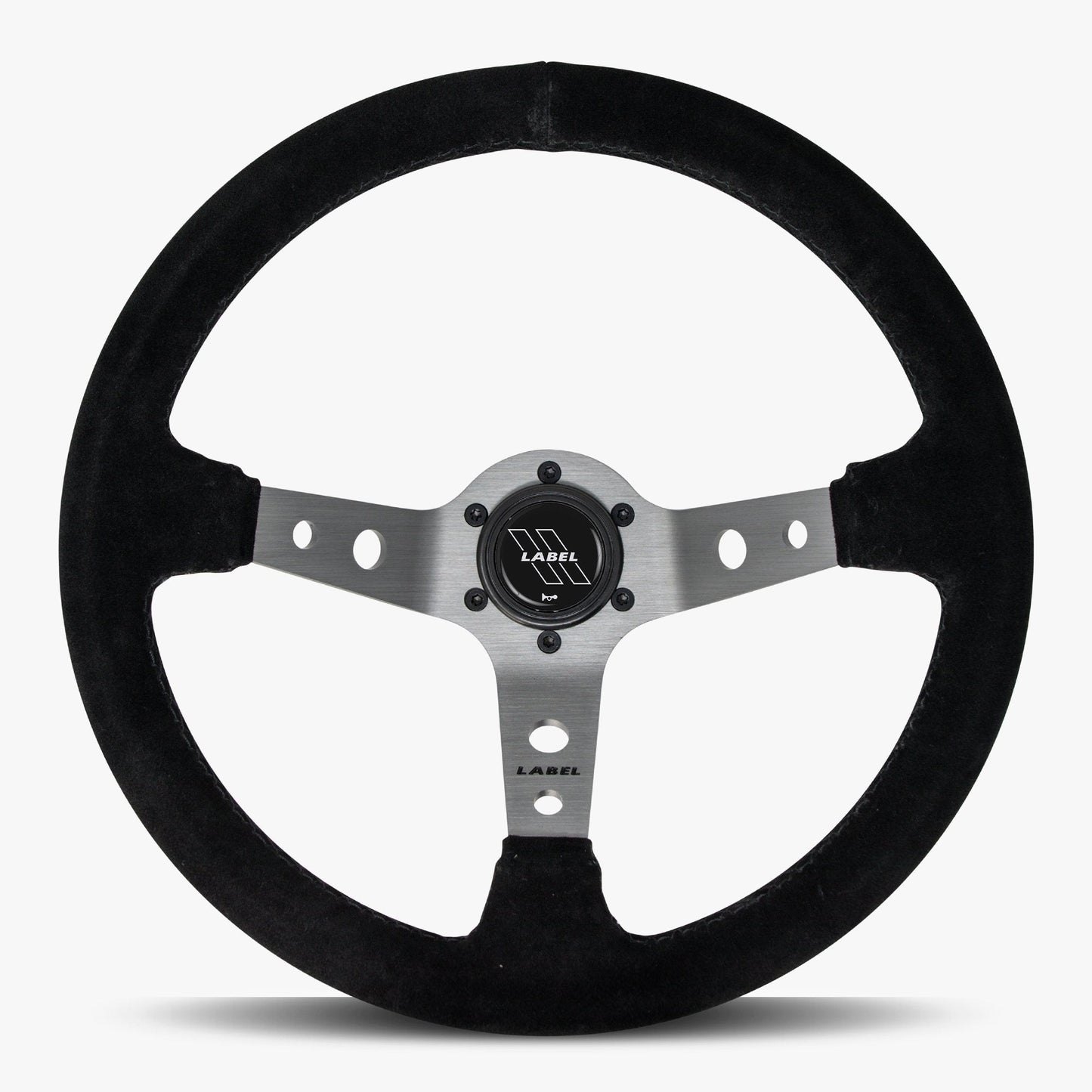 Black Alcantara suede steering wheel with graphite spoke and black stitching from Speedzone Performance LLC The Daytona model.