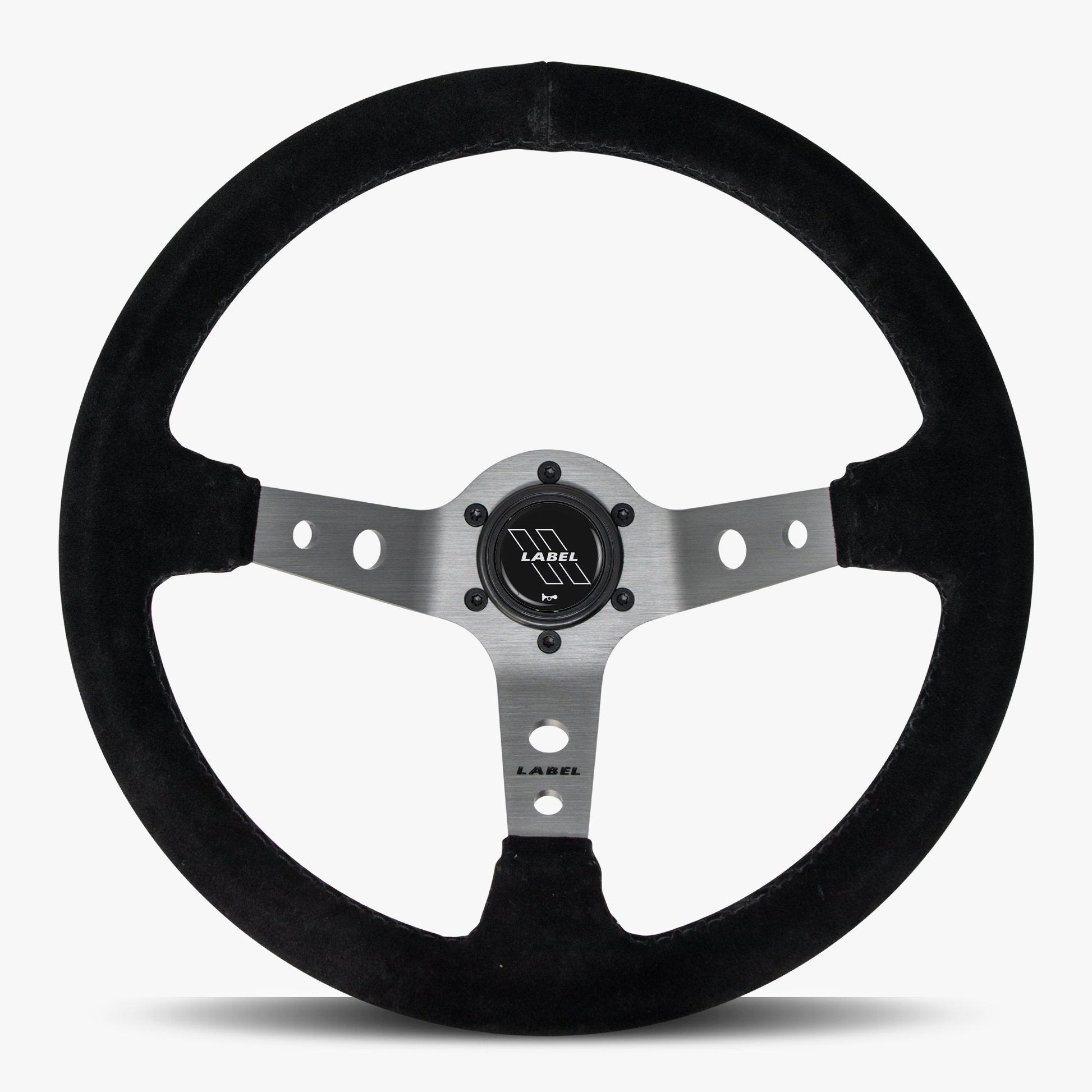 Black Alcantara suede steering wheel with graphite spoke and black stitching from Speedzone Performance LLC The Daytona model.