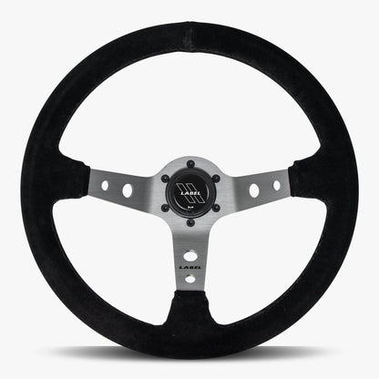 Black Alcantara suede steering wheel with graphite spoke and black stitching from Speedzone Performance LLC The Daytona model.