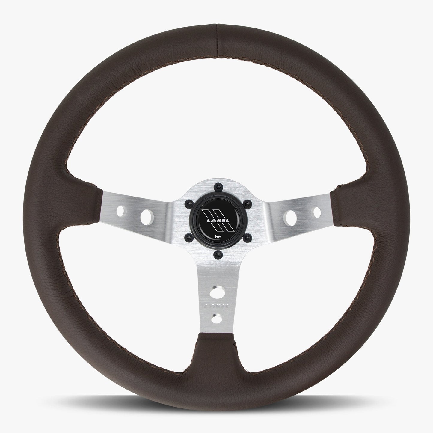 Nappa brown leather Daytona steering wheel with silver spoke and brown stitching, designed for performance vehicles.