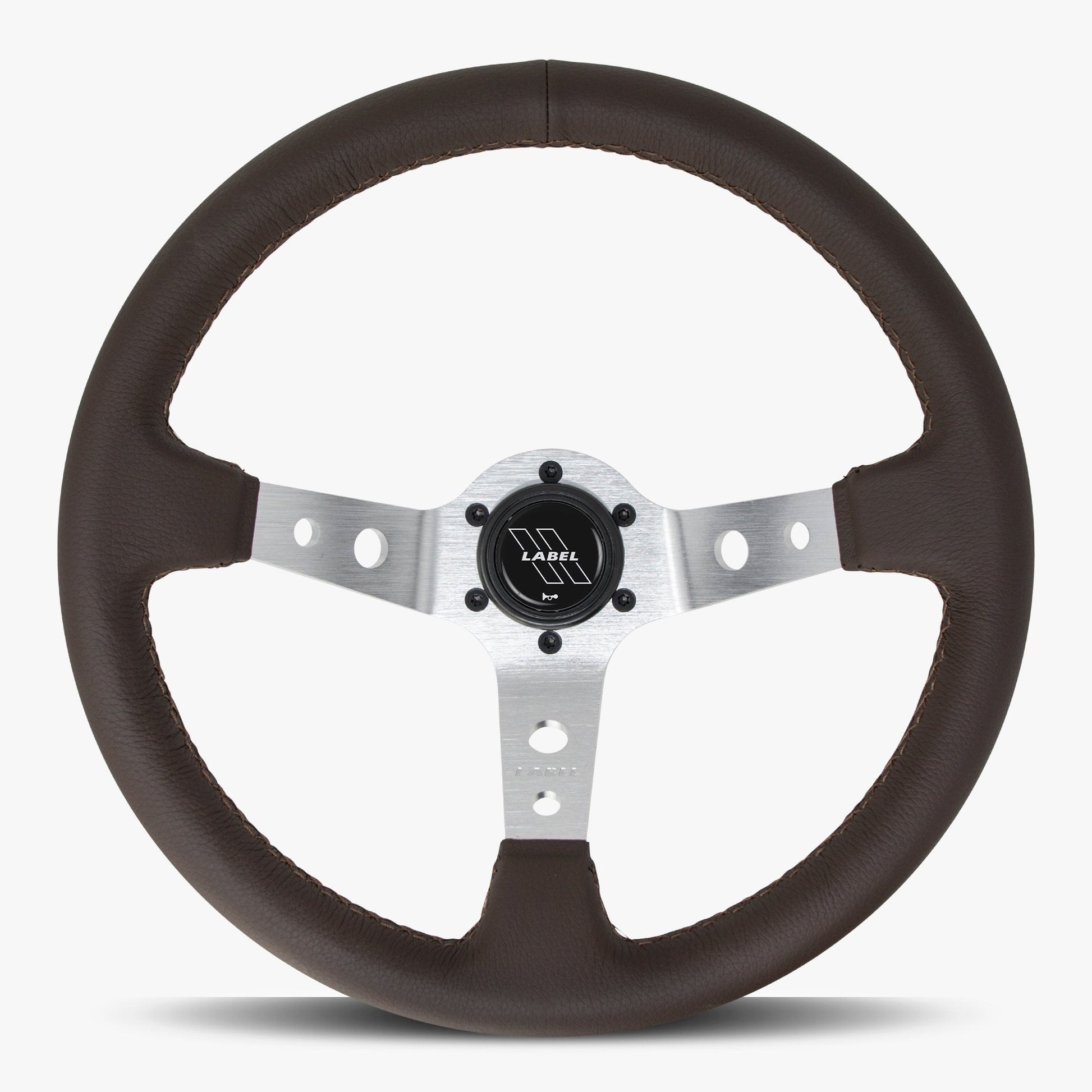 Nappa brown leather Daytona steering wheel with silver spoke and brown stitching, designed for performance vehicles.