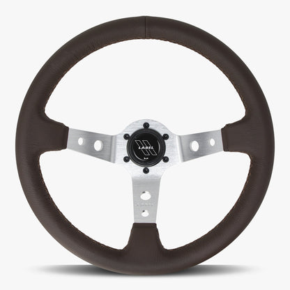 Nappa brown leather Daytona steering wheel with silver spoke and brown stitching, designed for performance vehicles.
