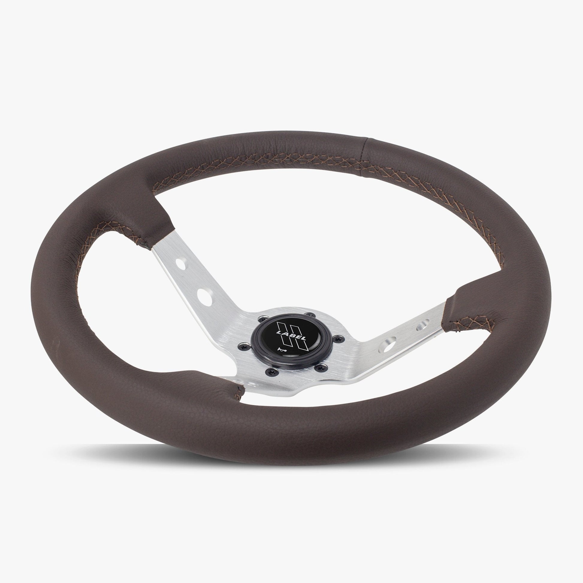 Nappa brown leather Daytona steering wheel with silver spoke and brown stitching, designed for performance vehicles.